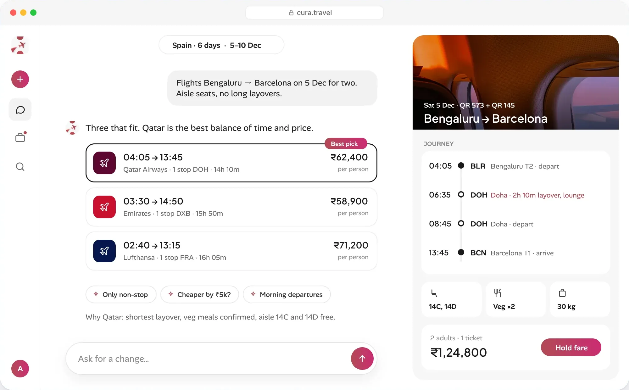 Flight options compared side by side, with fares and stops.